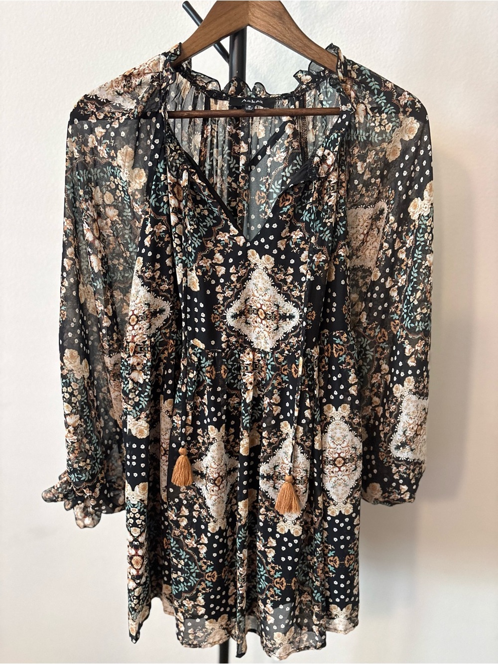 Aakaa Black Floral Long Sleeve Boho Dress with Cream & Green Accents